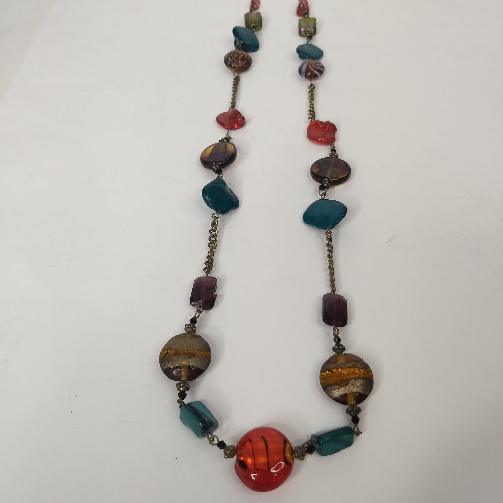 Yousi You And I Art Glass Bead Necklace Colorful Multicolor Silver Tone Bold